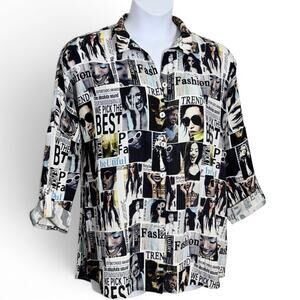 John Mark Tunic Blouse Size M Fashion Print Top Y2K Artsy Magazine Collage